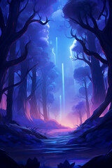 Low poly artwork, Ethereal forest landscape with glowing lights and mystical trees shrouded in mist, creating a serene and magical atmosphere.