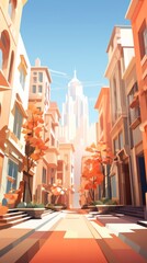 Fototapeta premium Low poly artwork, illustrated city street scene with tall buildings and autumn trees under a clear blue sky, conveying an urban landscape in fall.
