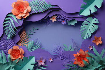 Abstract paper craft shapes in bright colors and photorealistic lilac background.