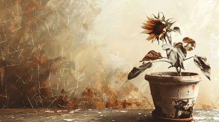 Side view, a wilted sunflower in a cracked clay pot, dying leaves hanging limp, watercolor style, soft muted tones, light falling gently from the side, capturing melancholy and decay