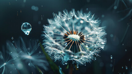 Transparent drop of water on a dandelion flower