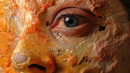 Worms-eye perspective showing severe acne on skin, oil painting style, detailed textures and vibrant color palette, focus on the unique contours and physical reality of acne