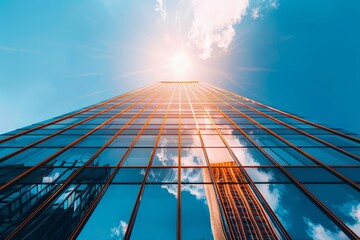 Worms-eye view of an imposing modern skyscraper against a bright blue sky, glass windows reflecting the sunlight, hyper-realistic with intricate architectural details and a sense of grandeur