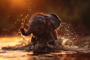 An adorable baby elephant splashing in a watering hole