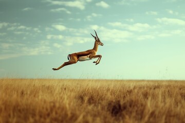 A vetalVit gazelle displays its agility by jumping high in the air in a vast savannah field,...