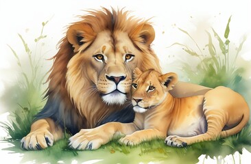 Colorful cartoon character illustration, lion and lioness lying together in the grass in the savannah, watercolor style, concept of love, family, greeting card, animal protection day