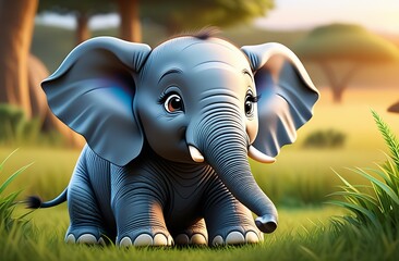 Illustration of a cartoon character, a sweetly smiling little elephant standing on the grass against the background of wildlife, the sun is shining over the savannah, the concept of a safari trip