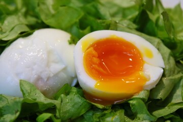 Un  œuf mollet coupé sur une salade.