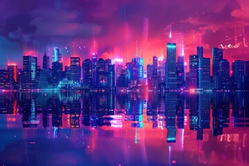 A futuristic cityscape at night, with towering skyscrapers bathed in vibrant neon lights that shimmer on the still water below