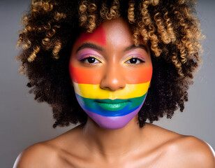 Portrait of an Afro-American Woman with Curly Hair and the Flag LGBTQ Painted on Her Face, Symbolizing Pride and Diversity