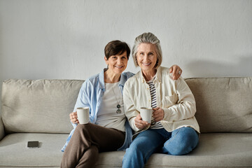 Two senior women relax on a couch, sipping coffee from mugs.