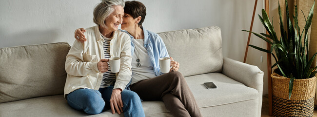 Two elderly individuals, a loving mature lesbian couple, sit closely on a couch.