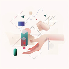 Collage with hands and abstract geometric shapes
