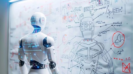 Naklejka premium Photo of a whiteboard with strategy sketches and AI text overlaid on a white background