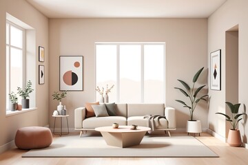 Fototapeta premium modern living room, the space features a low-profile sofa, a small coffee table