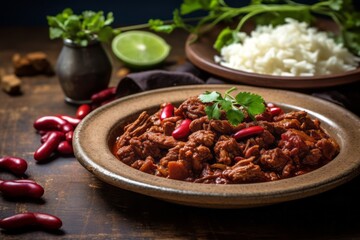 Tasty chili con carne on a rustic plate against a painted brick background