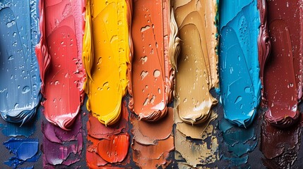 Close-up of colorful oil paint strokes with diverse textures on a canvas depicting art and...