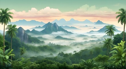 Lush Green Tropical Rainforest Landscapes with Misty Mornings, Search for More: Exploring the Beauty of Tropical Rainforest Scenery, Unlock More: Captivating Views of Misty Tropical Rainforest Landsca