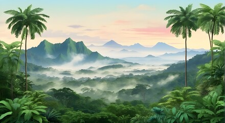 Lush Green Tropical Rainforest Landscapes with Misty Mornings, Search for More: Exploring the Beauty of Tropical Rainforest Scenery, Unlock More: Captivating Views of Misty Tropical Rainforest Landsca