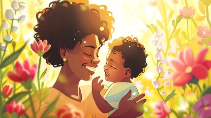 A joyful illustration featuring a transgender parent and their baby laughing together in a sunny garden, surrounded by blooming flowers