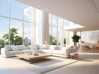 Fototapeta premium Expansive Bright and Airy Modern Luxury Living Room with Panoramic Window Views