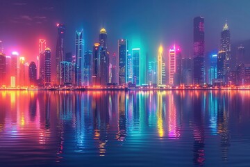 digital illustration showcasing a metropolis by night. The scene explodes with vibrant neon lights cast upon the sleek glass facades of skyscrapers