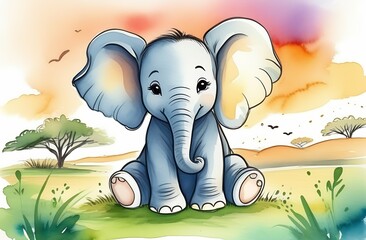Cartoon character illustration, cute smiling, little elephant sitting on the grass against the background of wildlife, savannah, watercolor style