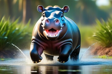 Illustration of cartoon, hippopotamus running water with mouth open, tall grass on savannah background, animal in natural aquatic habitat, wildlife of Africa, concept of safari trip, nature reserve