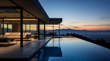 Sleek and Minimalist Architectural Design with Panoramic Mountain View Overlooking Serene Infinity Pool