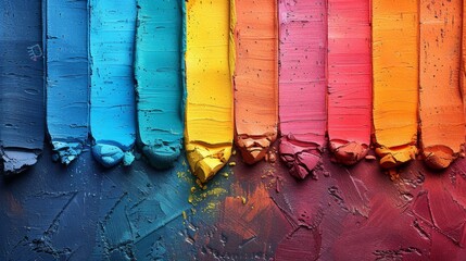 Close-up of textured paint strokes in multiple colors in a rainbow arrangement on a canvas, showing...