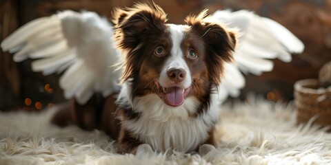 Obraz premium Joyful border collie in heaven with wings and halo canine afterlife. Concept Pets in Heaven, Border Collie, Angel Wings, Halo, Afterlife Illustration