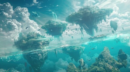 A surreal seascape, with floating islands and strange, alien creatures swimming in the water.