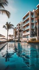 Vertical Image Of A Luxury Resort Hotel With A Swimming Pool. 