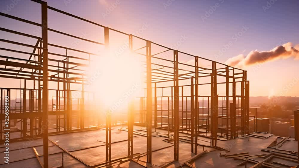 Aufkleber building under construction with sunset background generative ai