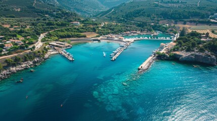 port surrounded by vibrant marine life, with eco-friendly infrastructure and clear blue waters, in a vibrant, natural style. --ar 16:9 --style raw Job ID: b6460901-cb6b-4cb0-ae12-301aeca32934