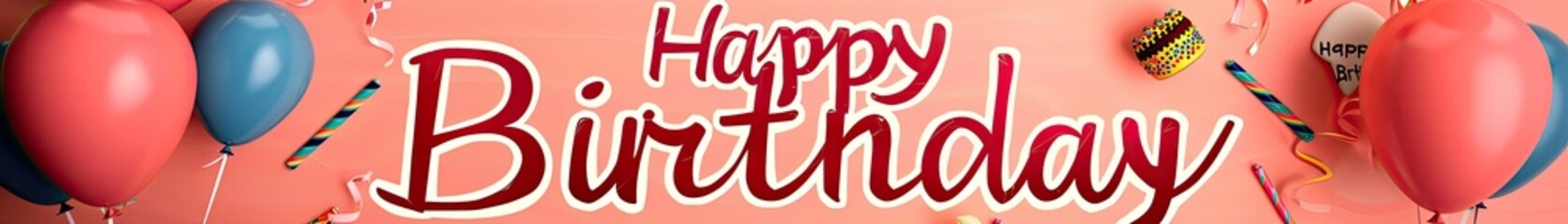 Happy Birthday written with beautiful stylish letters on a plain salmon pink background with bright balloons and a cake in the corner