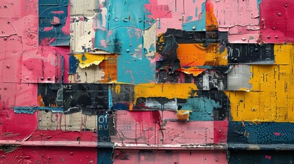 A close-up of a vibrant, weathered graffiti wall with peeling layers and a mosaic of colors