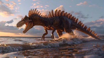 Hyper detailed CGI Spinosaurus Stalking the Coastal Shoreline at Dusk in Moody Cinematic Documentary Style