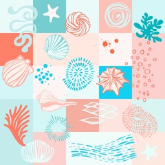 Seamless pattern of isolated abstract and stylized elements on the theme "underwater world". Digital illustration for branding, scrapbooking, fabrics