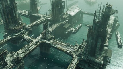 port with underwater infrastructure, including submerged docks and storage facilities, in a futuristic, highly detailed style. --ar 16:9 --style raw Job ID: 46cb543c-994c-47c4-8d80-0c60149c753e