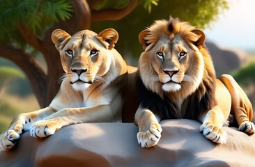 Colorful cartoon character illustration, cute proud lion and lioness lying together on a rock in the savannah on a tree background, concept of love, family, greeting card, animal protection day