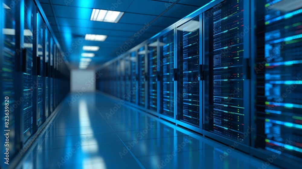 Poster a data center aisle containing multiple rows in a server room.