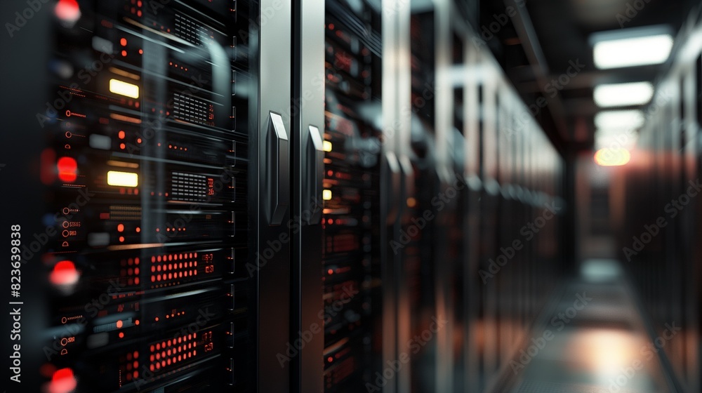 Poster a data center aisle containing multiple rows in a server room.