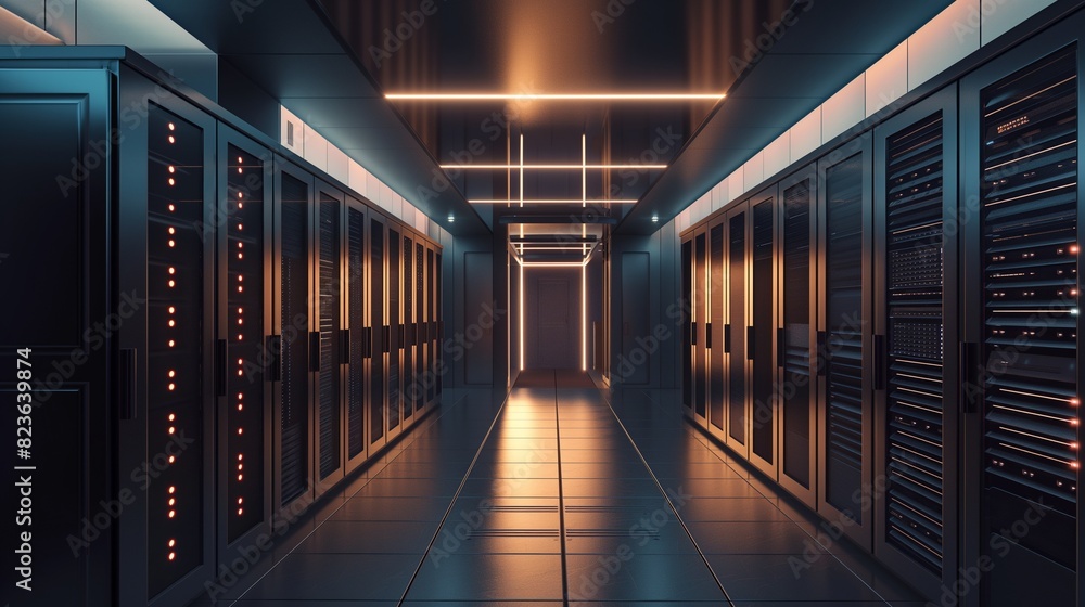 Poster a data center aisle containing multiple rows in a server room.