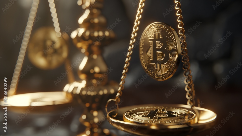 Poster a scale with bitcoins displayed on it.