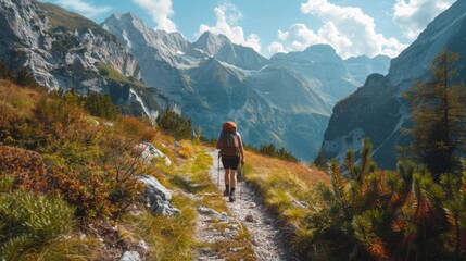 Fototapeta premium Portrait-oriented image of a hiker on a mountain trail, with the path leading into the distance --ar 16:9 --style raw Job ID: ea3dda71-2436-412e-a945-a82c521ab054