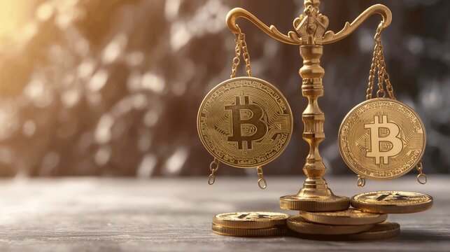 A scale with bitcoins displayed on it.