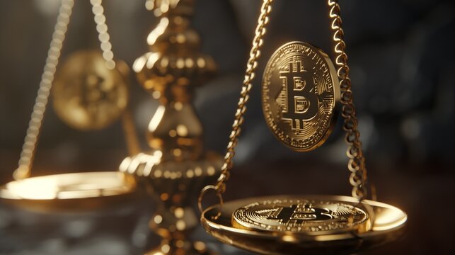 A scale with bitcoins displayed on it.