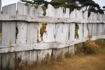 Fototapeta premium Weathered white wooden fence with peeling paint, standing in a field. Overgrown grass and nature in the background. Rustic and abandoned look.