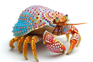 Vividly colored hermit crab with a detailed, textured shell, showcasing vibrant hues and intricate patterns against a white background.